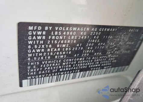 2015 Volkswagen Tiguan S z USA, uszkodzony, nr VIN WVGBV7AX8FW602774